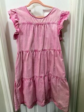Pink Tiered jean like Dress with Ruffle Sleeves